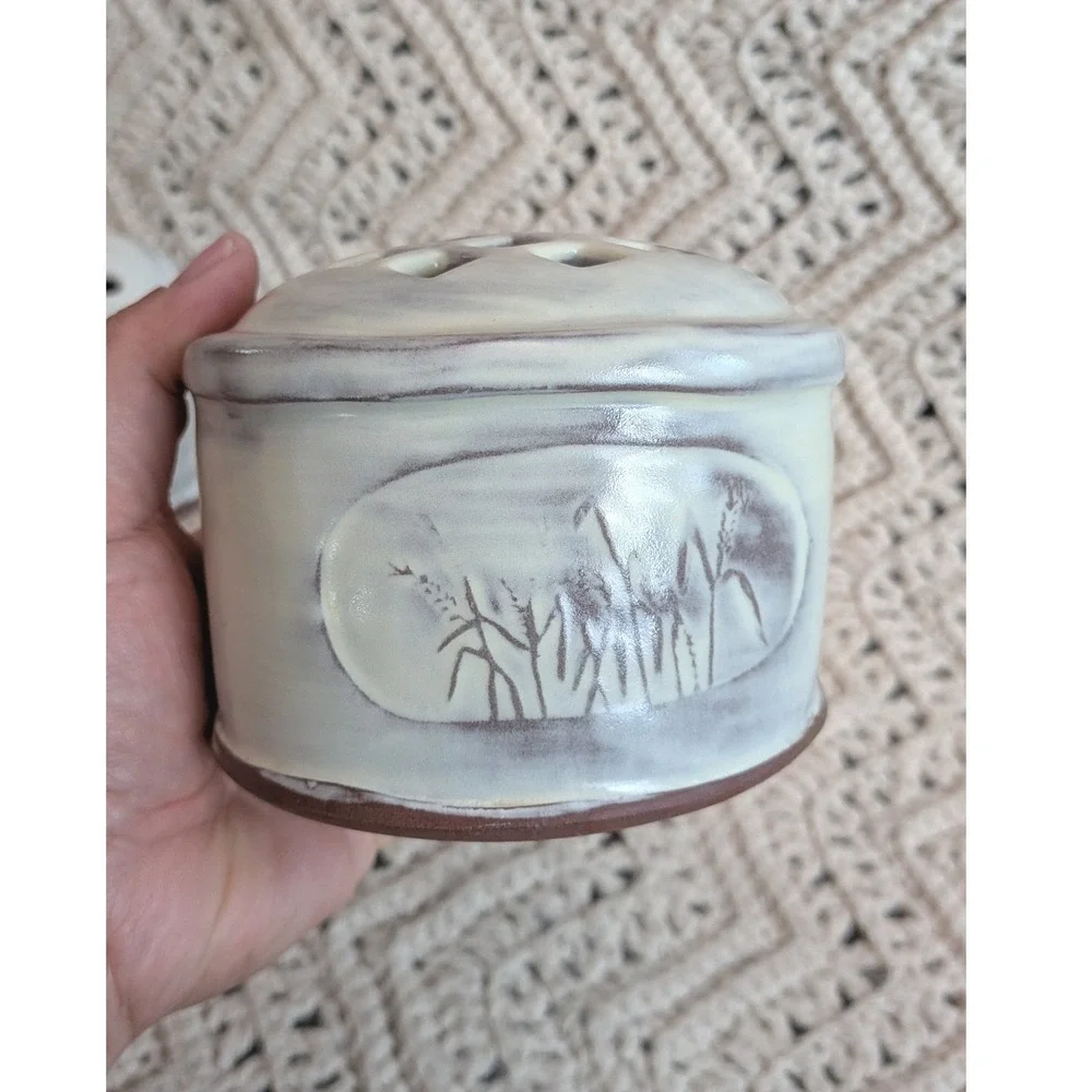 Brenda Wolf Makes Studio Pottery Flower Frogs Set of 2 White Ceramic Wheat Dot